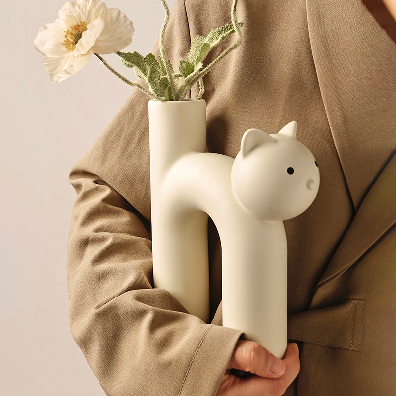 Reative Cat Shaped Ceramic Flower Vase | Modern Home Decor | Unique Animal Design Planter