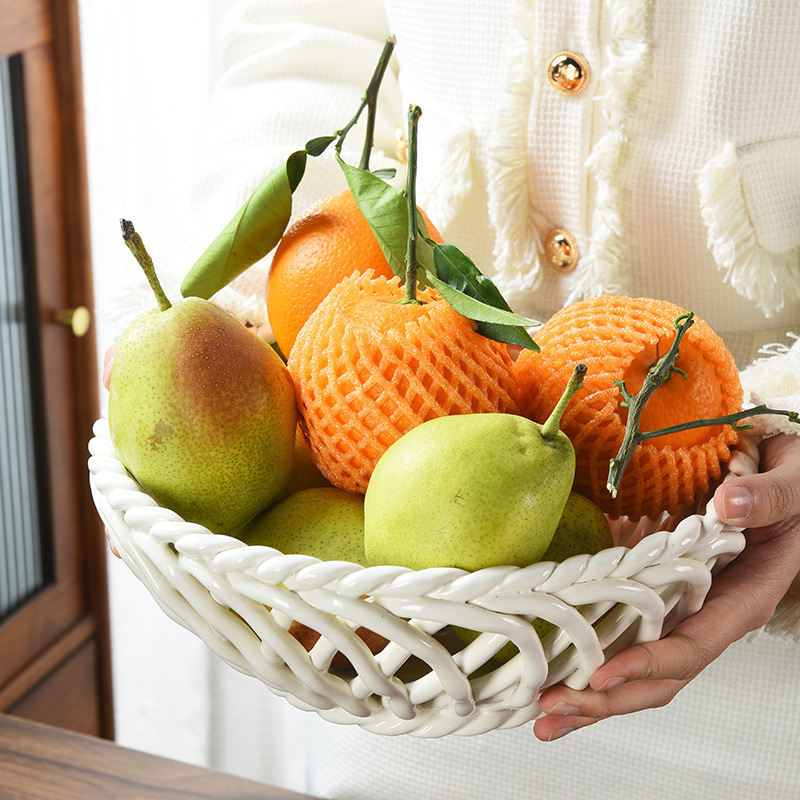 Woven Ceramic Fruit Bowl | Elegant White Decorative Basket | Modern Table Centerpiece